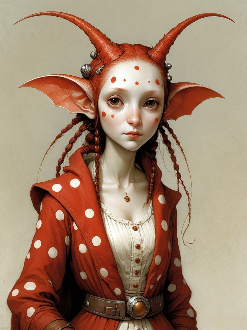 Whimsical Character with Pale Skin and Red Dress