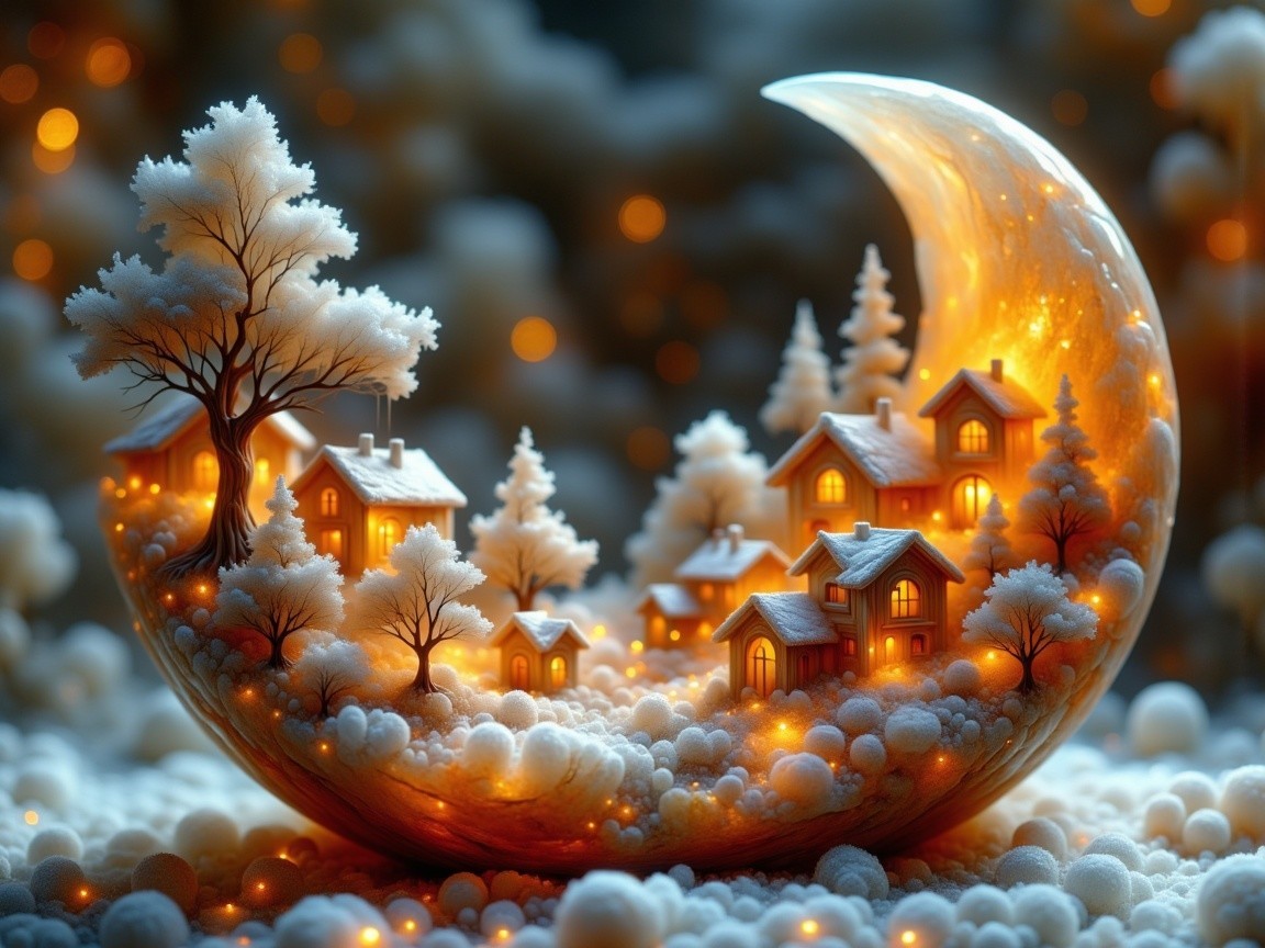 Whimsical Winter Scene with Crescent Moon and Cozy Homes