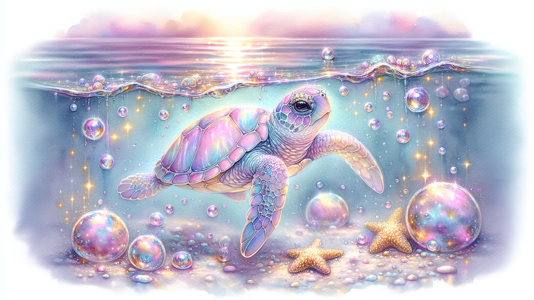 Whimsical Underwater Scene with Colorful Turtle