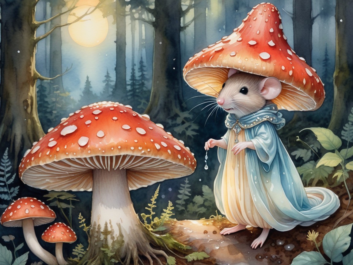 Whimsical Mouse Beneath Toadstools in Misty Forest