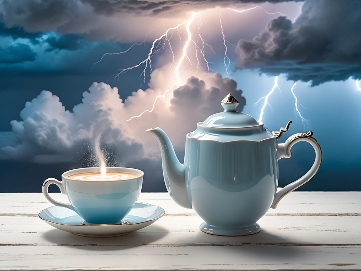 Blue Teapot and Cup on Rustic Table with Stormy Background