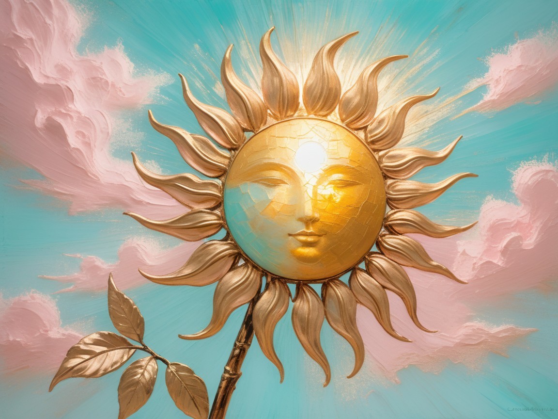 Radiant Sun with Golden Face and Pink Cloud Background