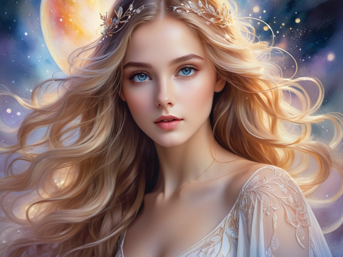 Young Woman in Cosmic Scene with Flowing Gown