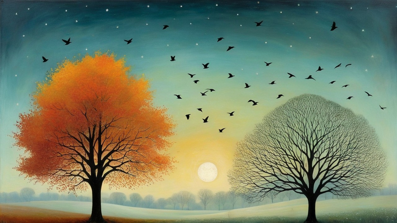 Autumn and Winter Trees Under a Pastel Sky