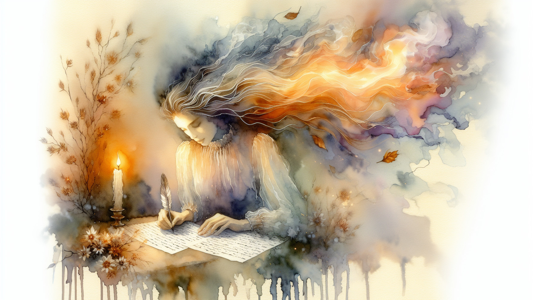 Dreamy Scene of a Woman Writing with Fiery Hair