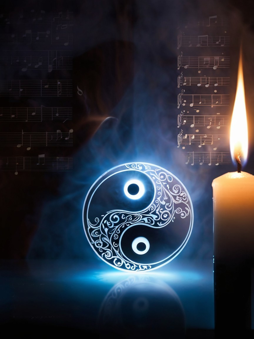 Glowing yin-yang symbol with musical notes and smoke