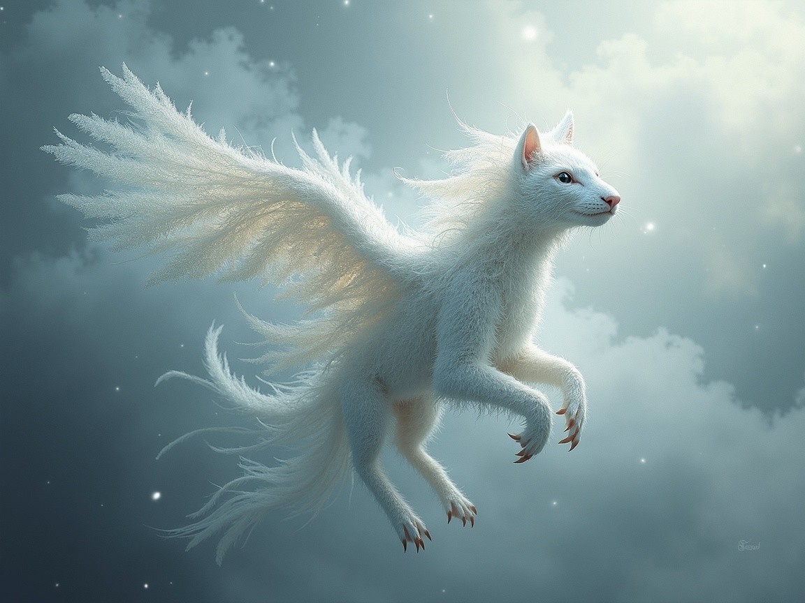 Whimsical Winged Cat in a Dreamy Sky Setting