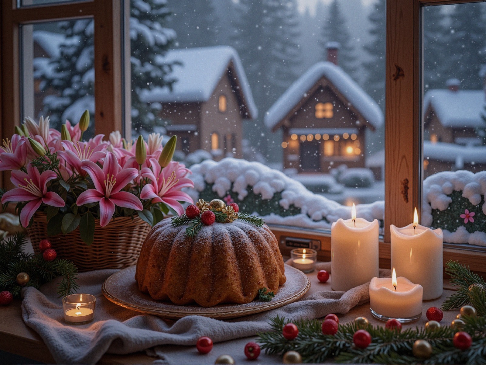 Cozy Winter Scene with Bundt Cake and Snowy Landscape