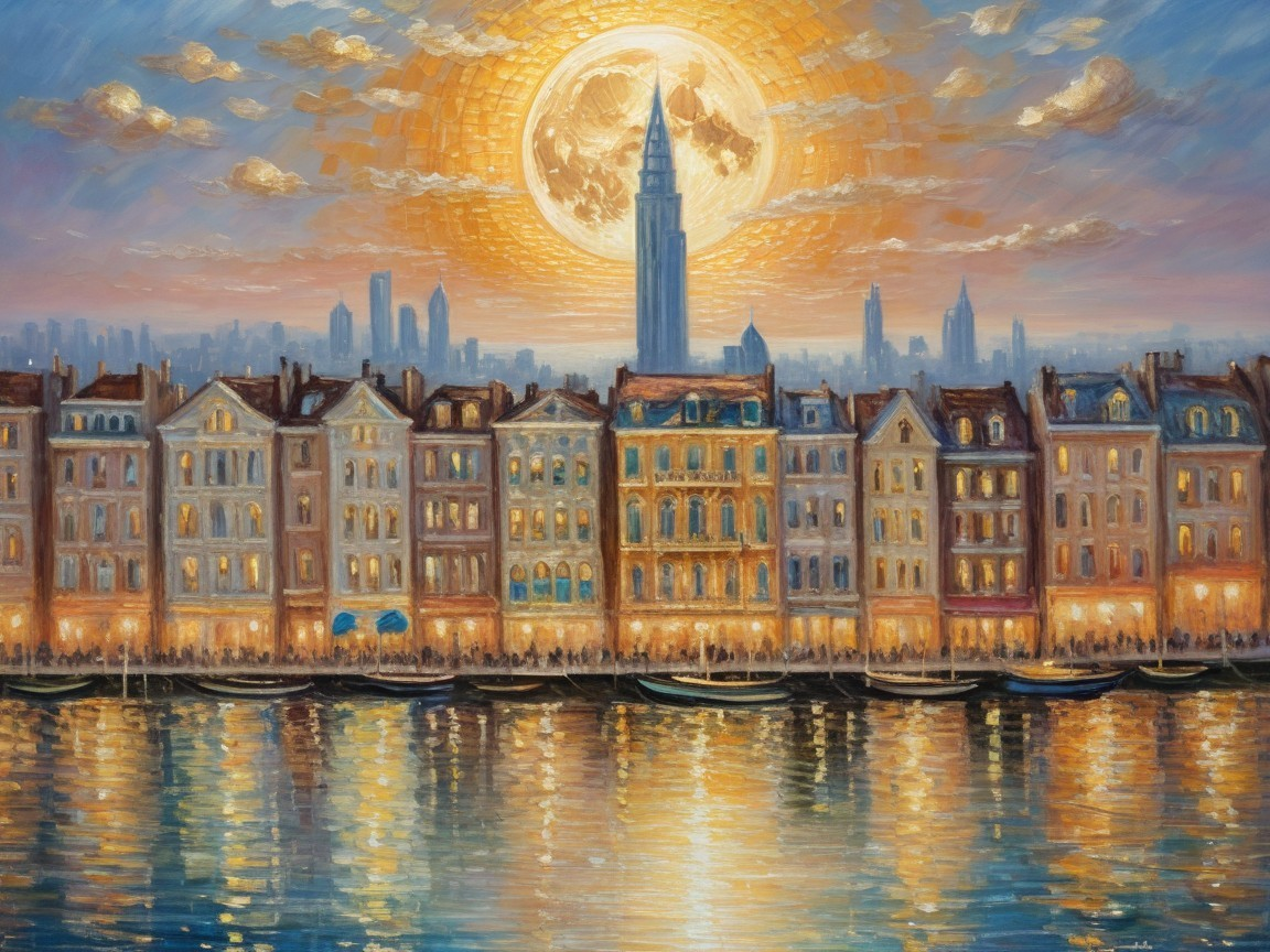 Vibrant City Skyline at Sunset with Historic Architecture