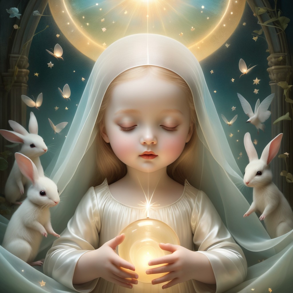 Young girl with glowing orb in serene, ethereal setting