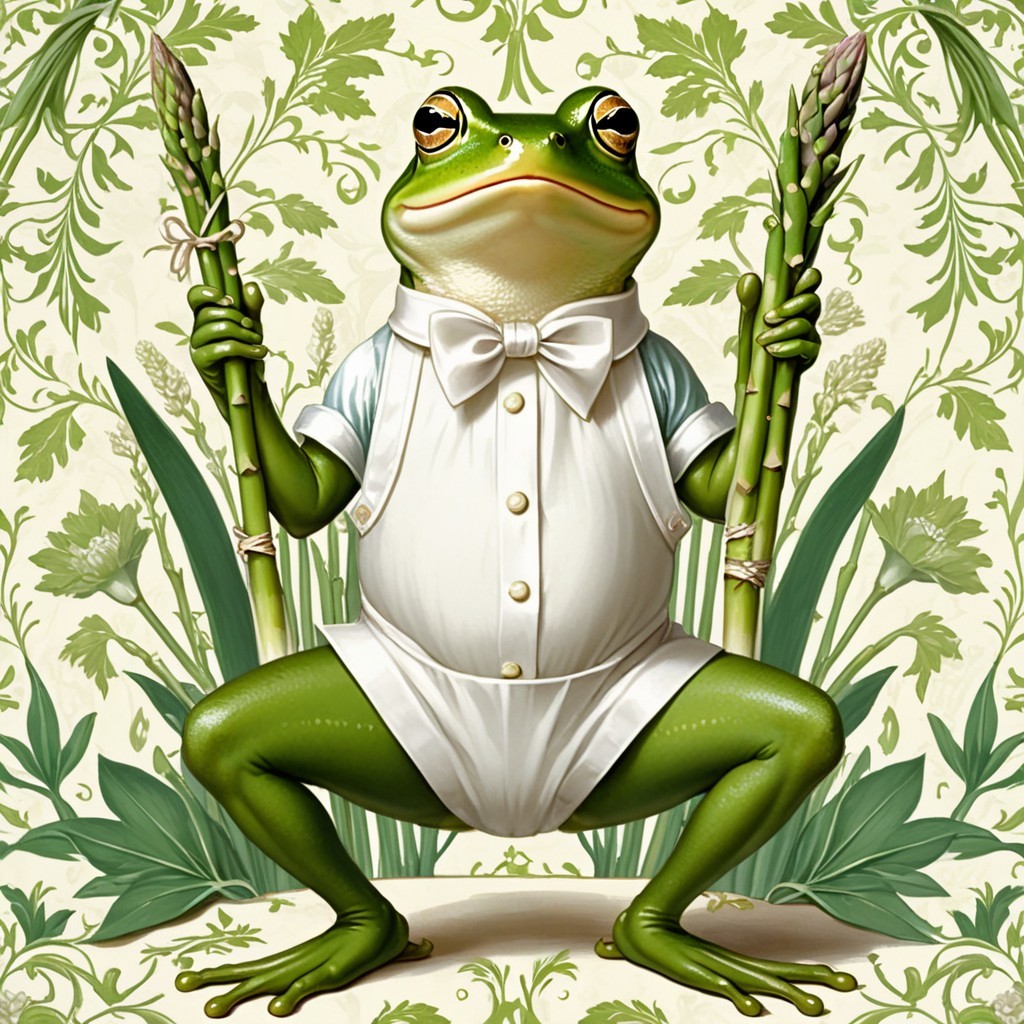 Whimsical Frog in Tuxedo with Asparagus in Floral Setting