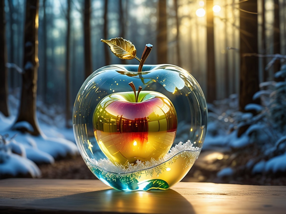Glass Apple in Snowy Forest with Sunlight Effects