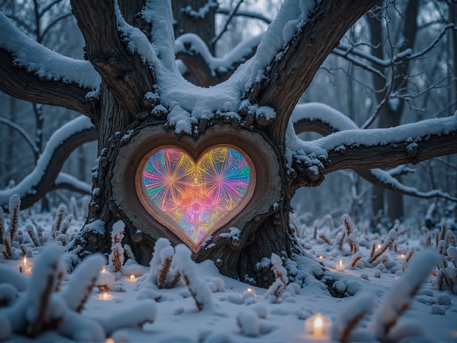 Heart-Shaped Hollow Tree in a Winter Landscape