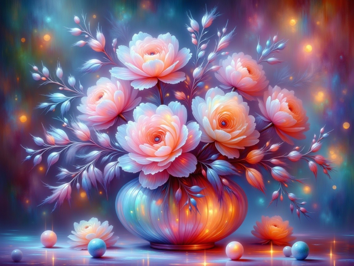 Vibrant Still Life of Pastel Roses in Decorative Vase