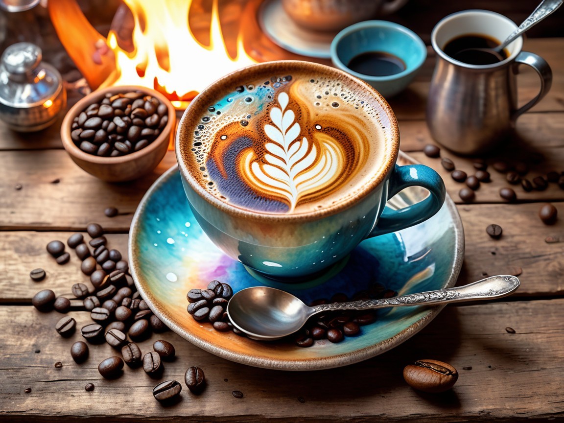 Latte in Blue Cup with Coffee Beans and Cozy Ambiance
