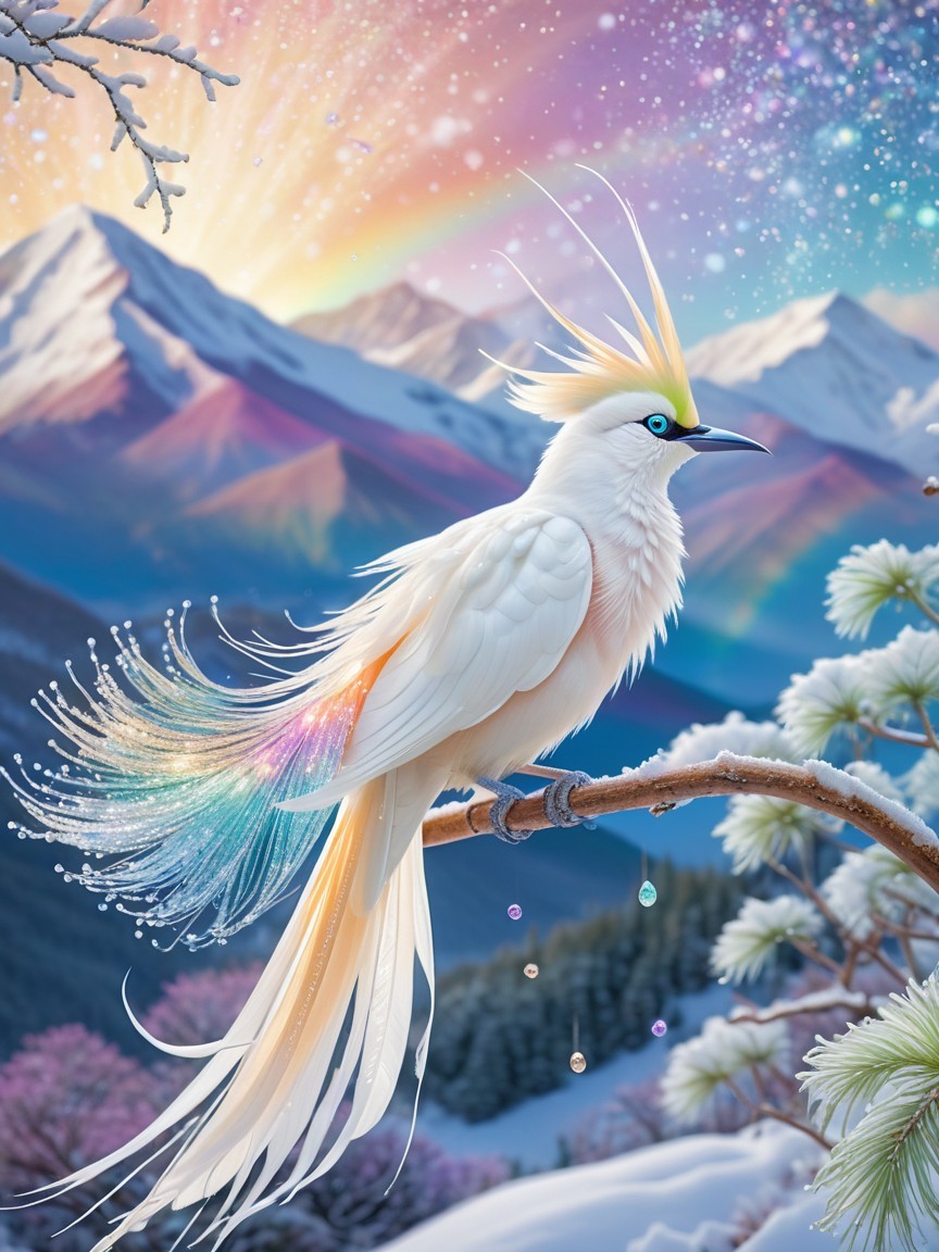 Ethereal Bird on Snowy Branch with Mountain Sunrise