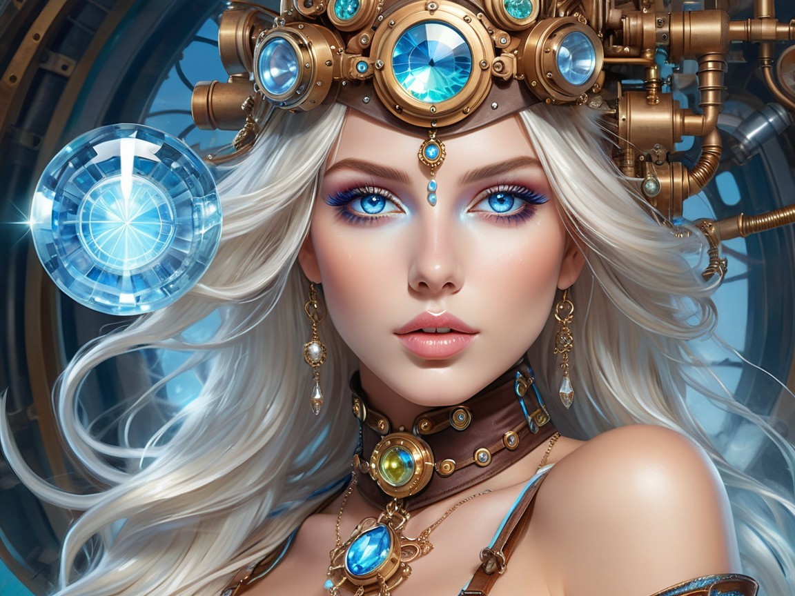 Steampunk Fantasy Woman with White Hair and Blue Eyes
