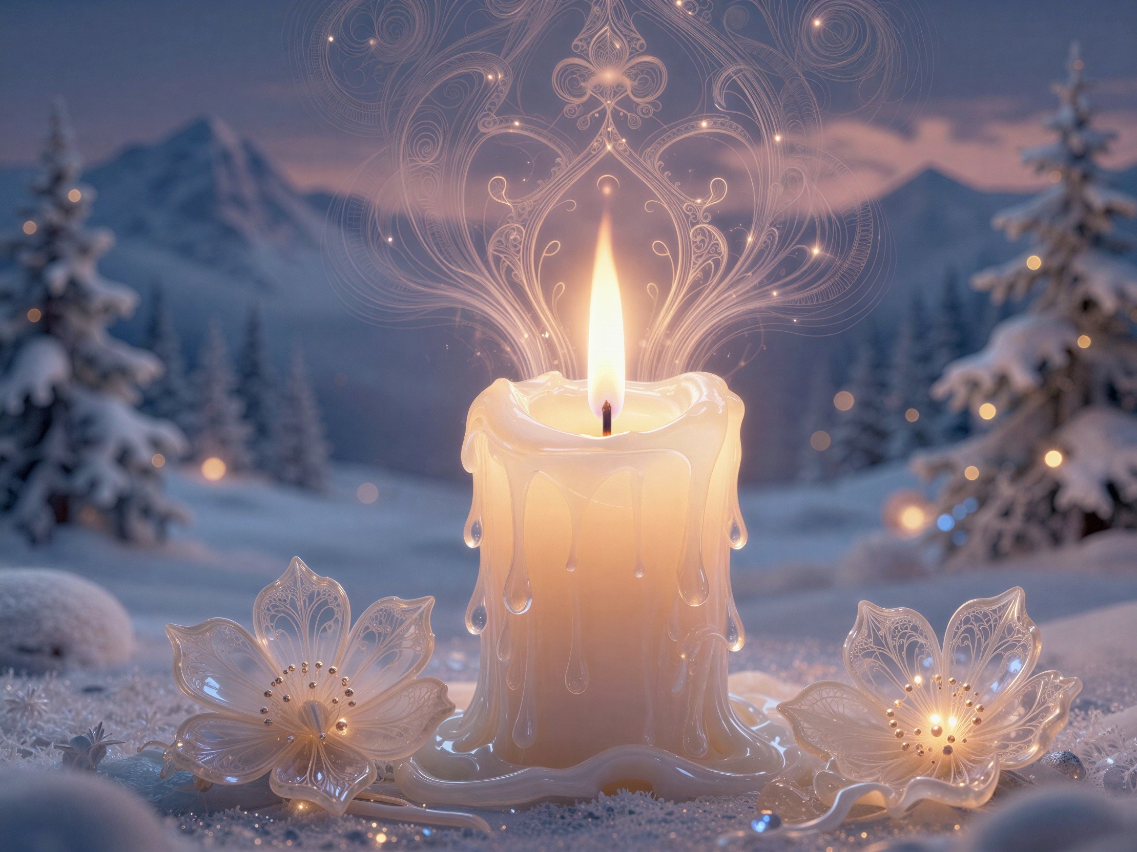 Melting Candle Surrounded by Floral Decorations on Snow