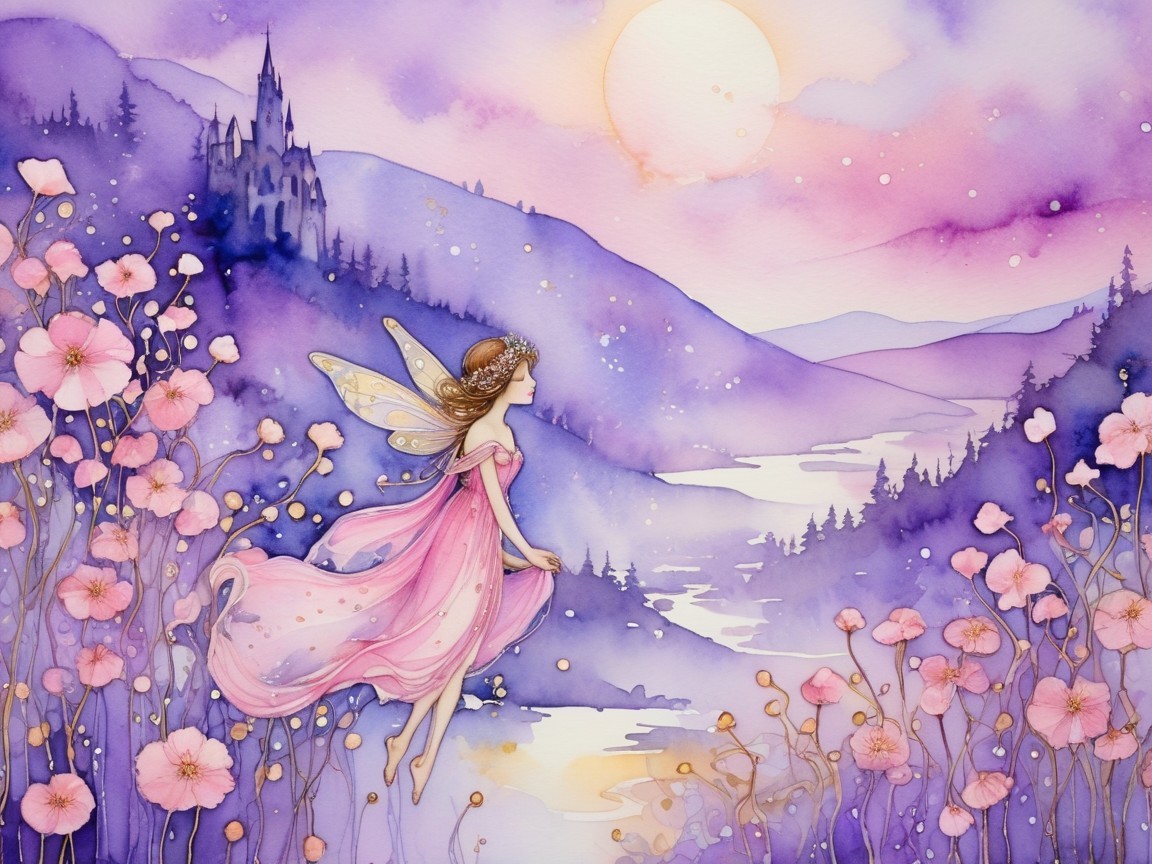 Whimsical Fairy Above Serene Landscape with Castle