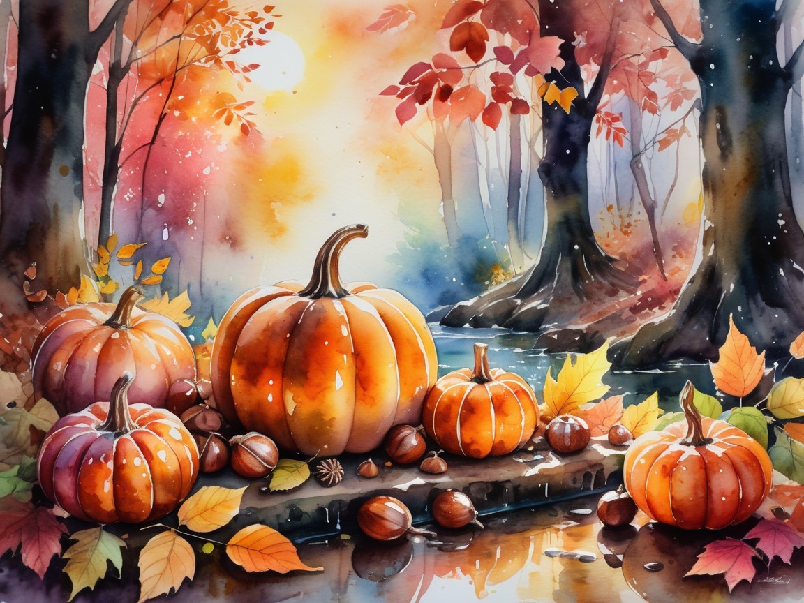 Vibrant Autumn Scene with Pumpkins and Fallen Leaves