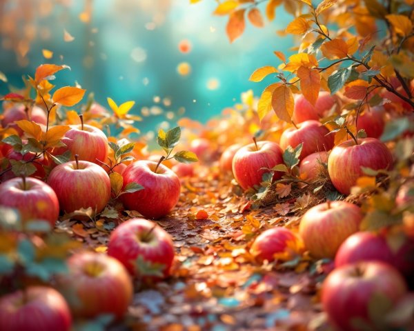 Autumn Pathway with Red Apples and Colorful Leaves