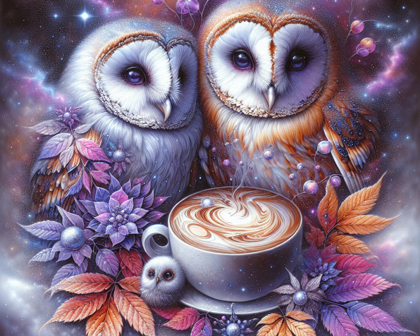 Owls in Cosmic Scene with Coffee and Vibrant Leaves