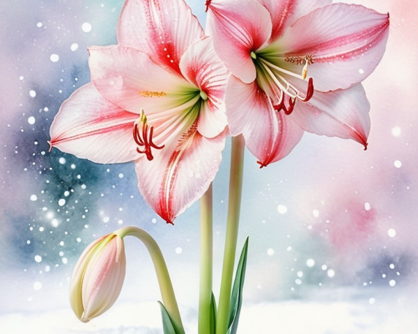 Amaryllis Flowers in Snowy Winter Landscape