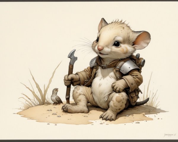 Cartoon Mouse in Desert with Axe and Bird Companion