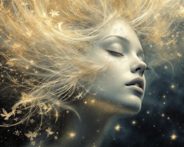 Ethereal Figure Surrounded by Stars and Floral Motifs