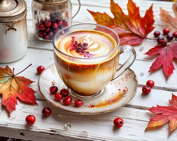 Autumn Coffee with Latte Art and Maple Leaves