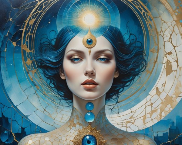 Ethereal Woman with Blue Hair and Golden Patterns