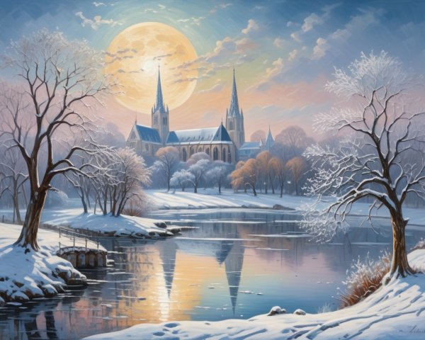 Tranquil Winter Scene with Church and Snowy Landscape