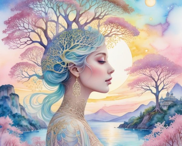 Serene Woman with Icy-Blue Hair in Dreamlike Landscape