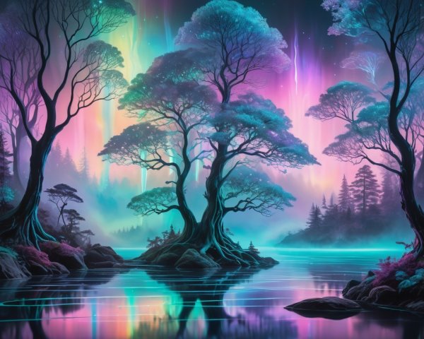 Vibrant Trees and Colorful Auroras in Serene Landscape