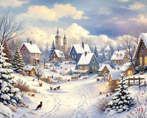 Picturesque Winter Village Scene with Snowy Cottages