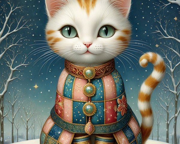 Whimsical Cat Illustration in Snowy Night Scene