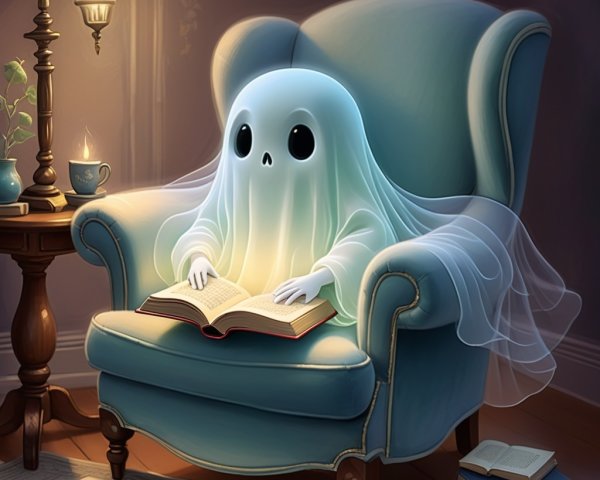 Cozy Room with Ghost Reading a Glowing Book