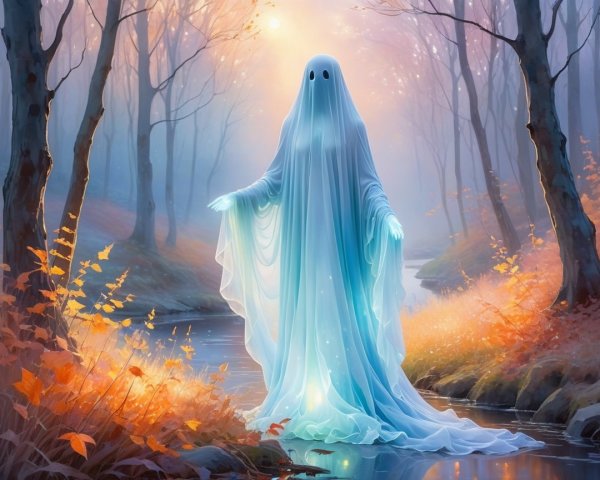 Ghostly Figure in Misty Forest by Serene Stream