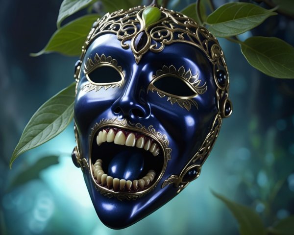 Blue Mask with Golden Patterns Among Green Leaves