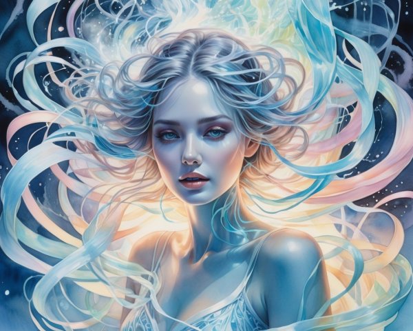Ethereal Woman Surrounded by Pastel Ribbons and Light