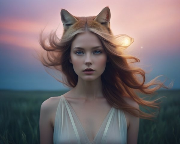 Serene portrait of a young woman in a field at dusk