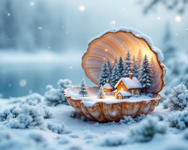Whimsical Winter Scene Inside a Giant Seashell