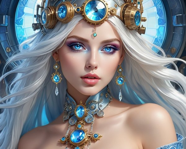 Elegant woman with white hair and blue gemstones