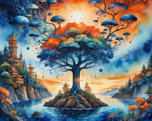 Surreal Landscape with Tree, River, and Pagodas