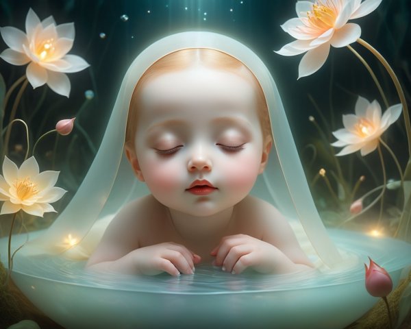 Serene Baby in Tranquil Water Surrounded by Lotus Flowers