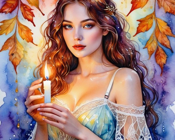 Young Woman with Candle in Autumn Setting