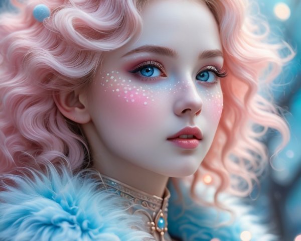 Young woman with pastel pink hair in winter scene