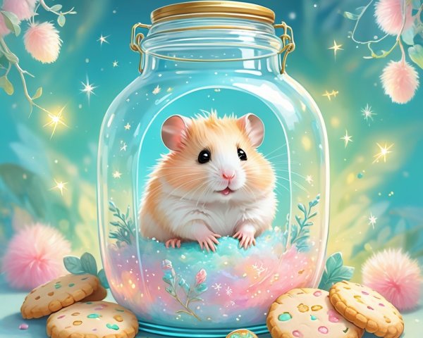 Hamster in Jar with Cookies and Fairy Lights