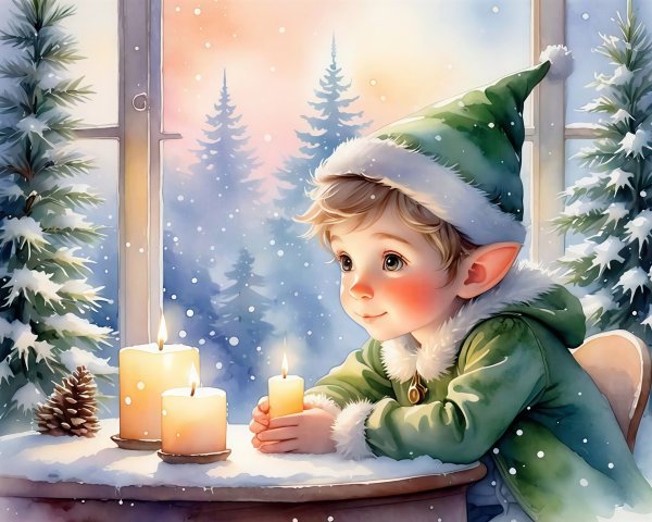 Elfish Boy in Green Coat by Snowy Window Scene