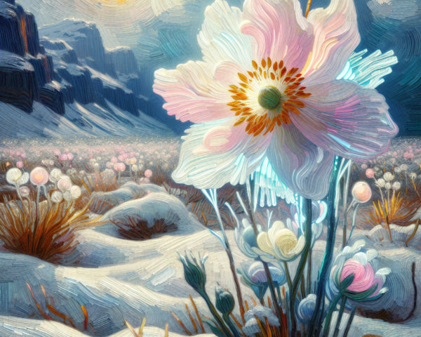 Vibrant Landscape with Pink Flower and Snowy Background
